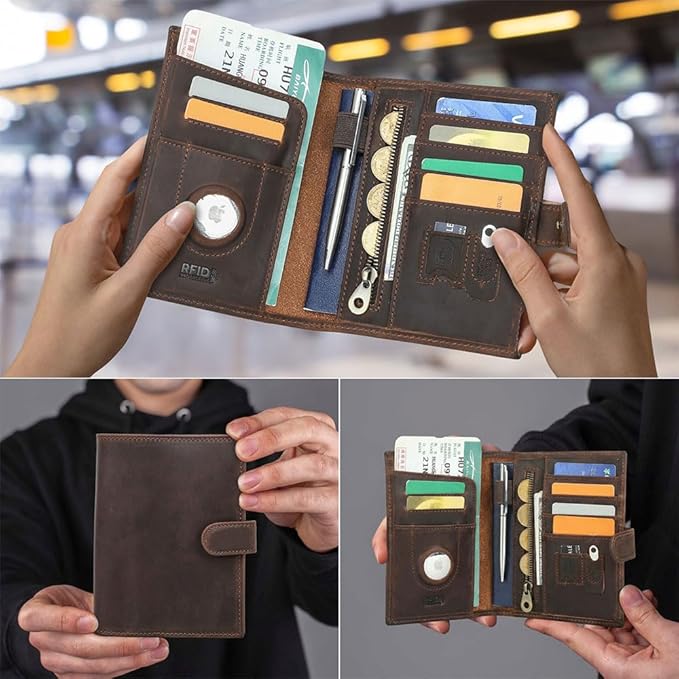 CONTACTS Full Grain Leather Passport Holder Compatible with Airtag Slot RFID Blocking Passport Wallet Travel Slim Passport Cover with SIM Card Removal Tool (Brown)