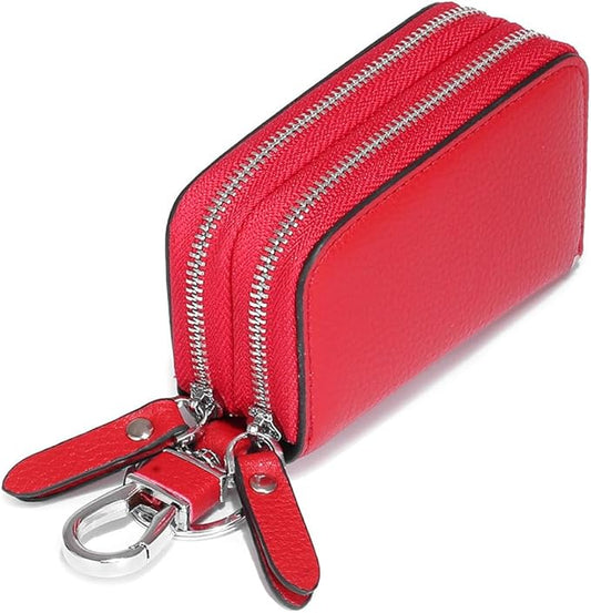 Key Fob Case Genuine Leather, Double Zipper Car Key Holder & Key Wallet with Keychain, Key Pouch for Purse Gift