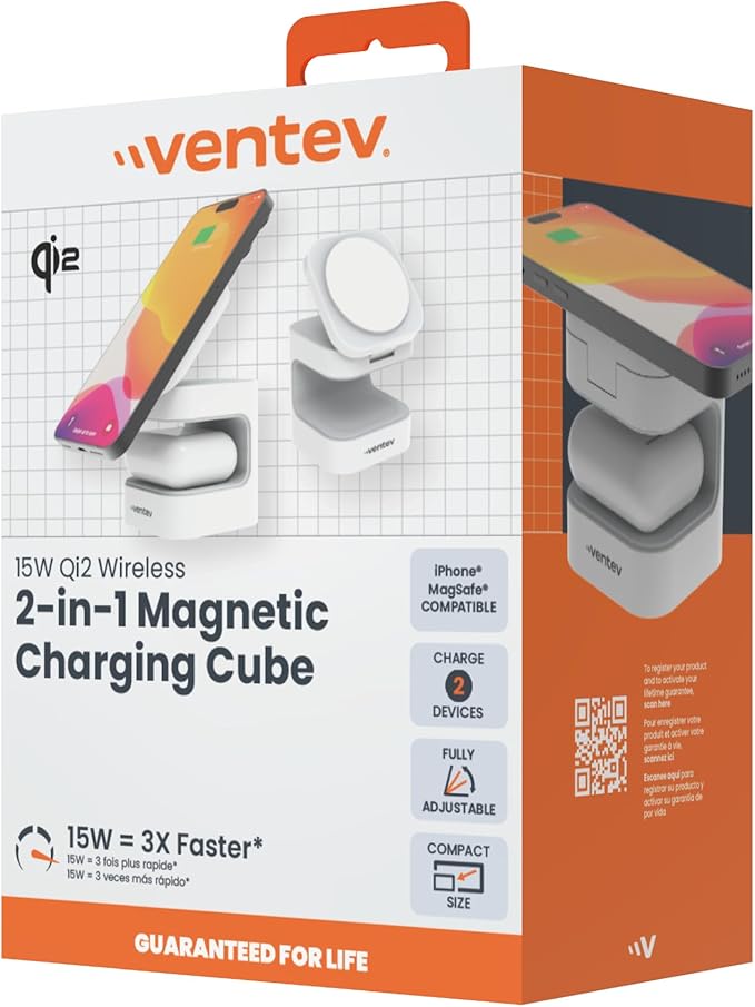 Ventev – 15W Qi2 MagSafe Wireless Charger Stand, 2-in-1 Charging Station for iPhone 16/16 Pro, 15/14/13, AirPods Pro | Fast Wireless Charger with Adjustable Stand, 5W Earbuds Pad, 30W Adapter – White