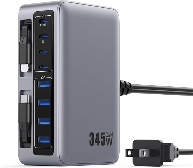 345W USB C Charger 10 in 1 Retractable Wall Charger with 2 Cables,GaN 6 USB C Charging Station Phone Charging PD Laptop Charger Adapter for MacBook Pro/Air,DELL,iPhone17/16/15,Galaxy S24,Android etc