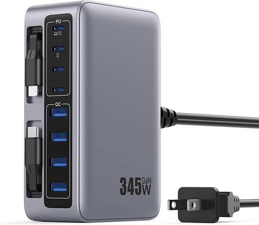 345W USB C Charger 10 in 1 Retractable Wall Charger with 2 Cables,GaN 6 USB C Charging Station Phone Charging PD Laptop Charger Adapter for MacBook Pro/Air,DELL,iPhone17/16/15,Galaxy S24,Android etc