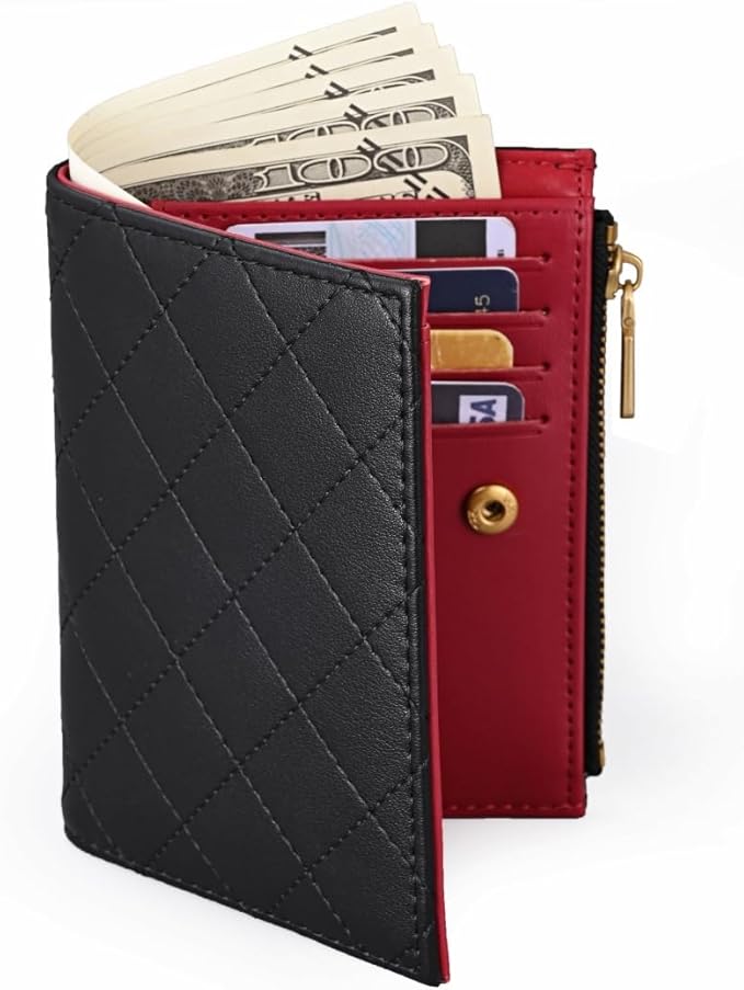 Slim Bi-fold Checkered Quilted Leather Wallet | Classic Minimalist Style w. ID Window/Card Slot/Bill Holder/Zip Coin Pocket for Women (Black Quilted)