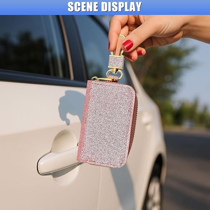 Bling Car Key Case, Leather Keyring Zipper Bag with Metal Hook, Remote Key Fob Cover, Auto Keychain Holder (Rose Gold)