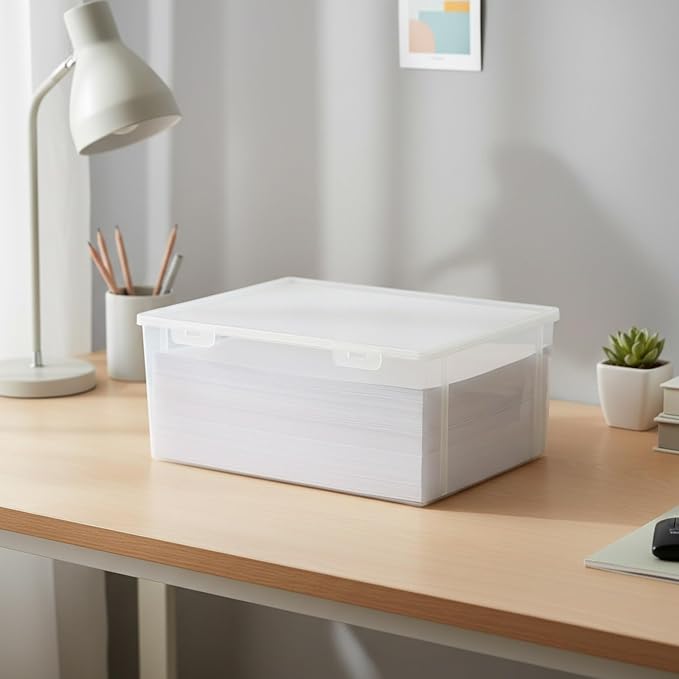 Clear A4 Document Storage Box with Lid, Stackable PP File Organizer for Office Desk & Shelf
