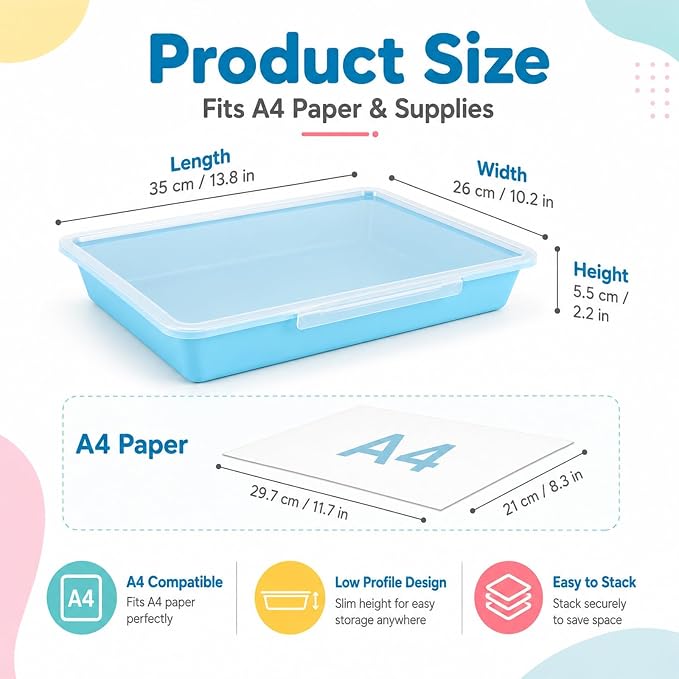 12 Pack Flat Storage Paper Tray with Clear Latching Lid Letter Size Organizer Bin Tray Plastic Latching File Organizer for Classroom Library School Office Teacher Desktop Book Organization (Pastel)