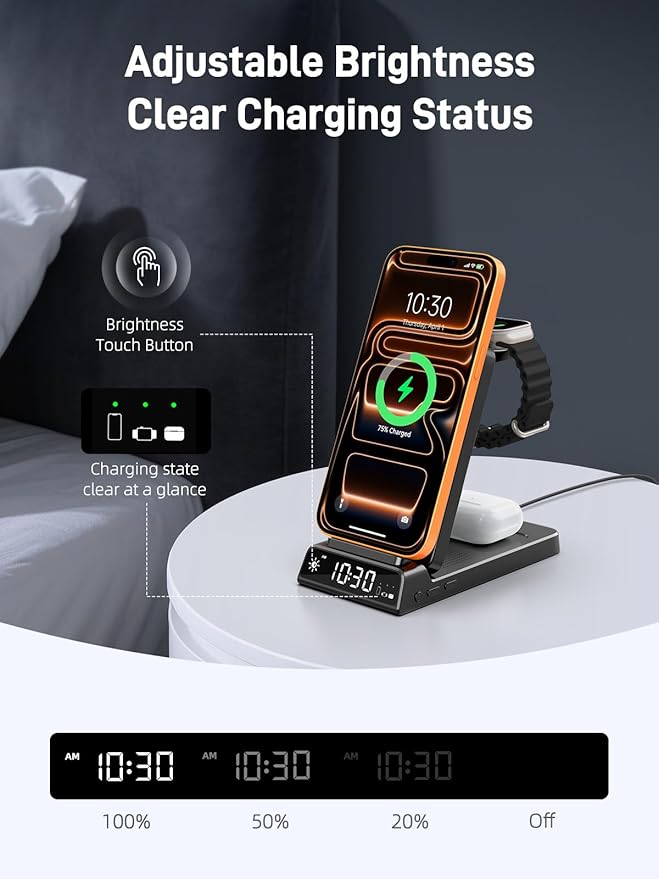 3 in 1 Charging Station for Apple, Magnetic Charger for iPhone, Foldable Wireless Charger with Clock, Travel Watch Charger Stand for iPhone 17/Air/16/15 Series, iWatch 10/AirPods 4 (Black)