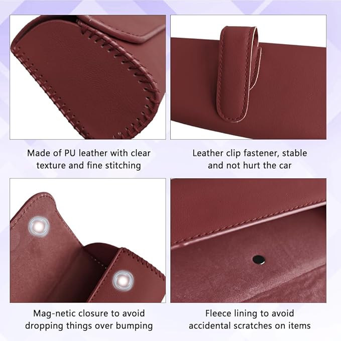 Sunglasses Holder for Car Sun Visor, Sunglass Organizer for Car, Magnetic Leather Eyeglasses Protective Storage Case, Waterproof Glasses Organizer Visor Accessories for Vehicles (Wine Red)
