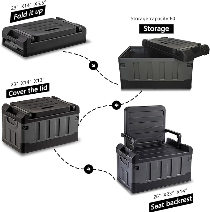Versatile Foldable Seatable Camping Box Car Organizer Heavy Duty Storage Bins With Lids Box Trunk,Durable Plastic,60L Can Store Clothes, Toys Camping Equipment in Large Capacit (black)