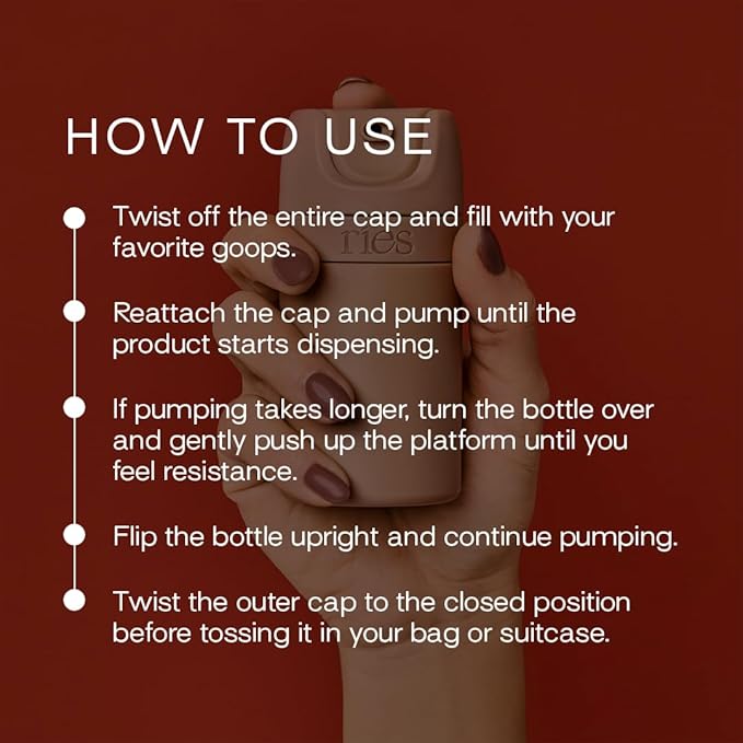 RIES Starter Set Toiletry Travel Bottles – Set of 3 (1.7oz) Airless Pump Containers for Shampoo, Conditioner, Body, Face – Leak-Proof, TSA-Approved, Dishwasher Safe- (Outlier Sand)