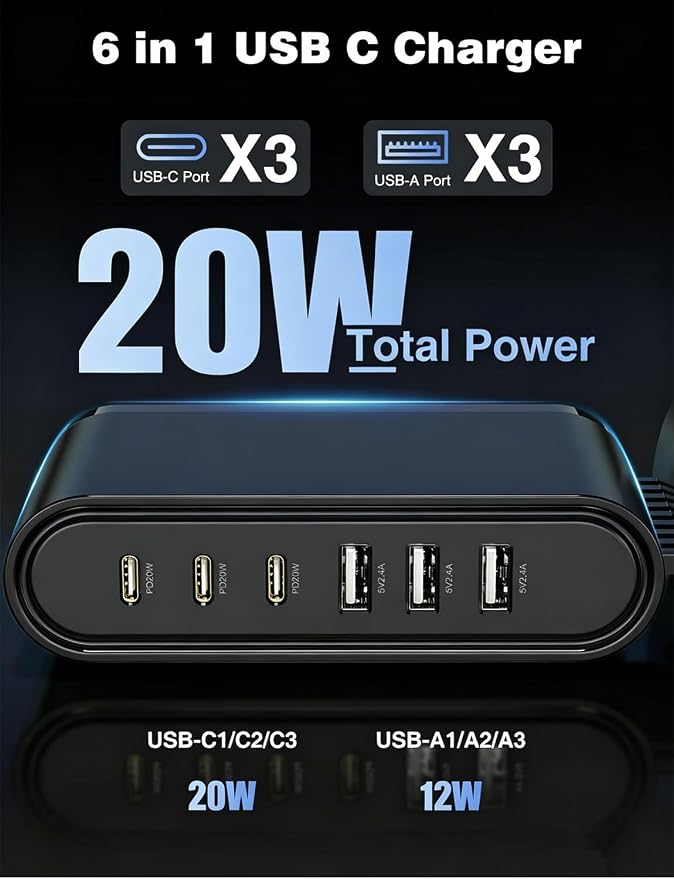 Essri 6-Port GaN USB C Charging Station,USB C Charger Block,PD 20W Desktop Charger, Power Strip Adapter Compatible with iPhone 17/16/15/14,for Samsung Android,More,with 2 x 3Ft C Cable