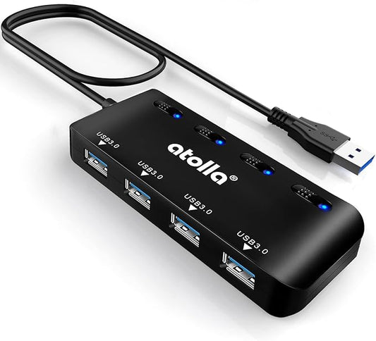 USB Hub, 4-Port USB 3.0 Hub Splitter with 2 ft Extended Cable, Ultra Slim Data USB Extender with Individual Power Switches and LED
