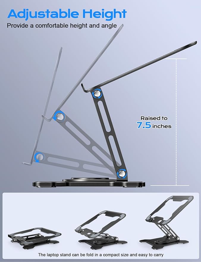 Adjustable Laptop Stand for Desk, 360° Rotating Base Ergonomic Computer Stand, Laptop Riser Foldable Protable for Office Home Fits Compatible with MacBook Pro/Air Notebook up to 10-16" Black