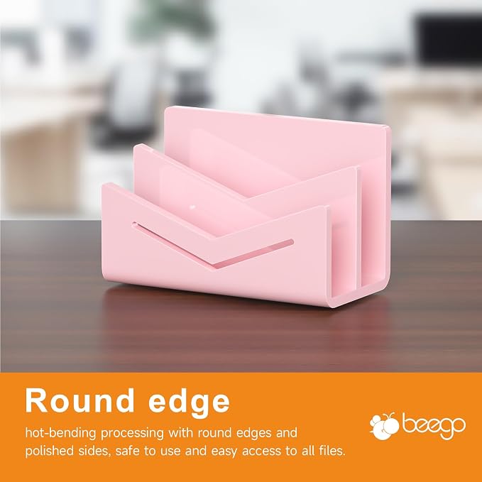 Beego Envelope and Mail Organizer Countertop - 2 Compartments Pink Acrylic Desk Organizer Letter Holder Desktop File Sorter Bill Document Folder Rack for Office, Home, School Desk Organization