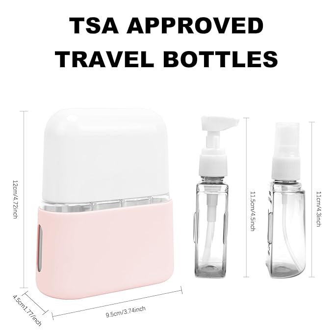 Skycase Travel Bottles - Leak Proof Refillable Tsa Approved Travel Size Toiletries, 4 in 1 Liquid Bottles Containers with Labels and Funnel Airplane Accessories Kits for Lotion Liquid (Pink)