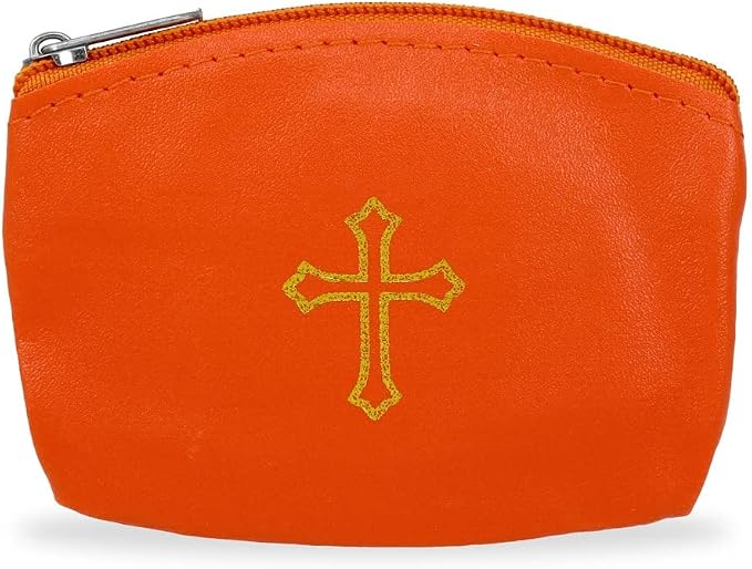 Orange Rosary Pouch with Zipper & Gold St. Thomas Cross Imprint | Compact Leatherette Rosary Case for Small to Medium Rosaries | Protective Travel Rosary Holder for Men & Women
