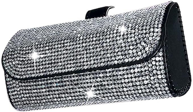 Riloer Glasses Holder for Car Sun Visor, Universal Full Rhinestone Sunglasses Clip Storage Case, Front Sun Visor Mount Organizer Case for Glassess, Bling White