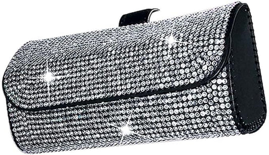 Riloer Glasses Holder for Car Sun Visor, Universal Full Rhinestone Sunglasses Clip Storage Case, Front Sun Visor Mount Organizer Case for Glassess, Bling White