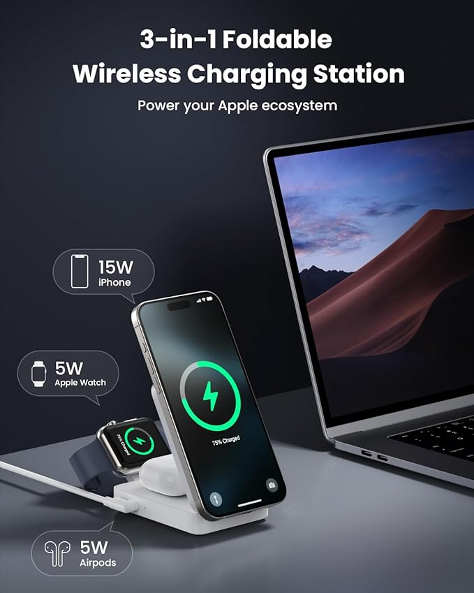 3 in 1 Wireless Charger Charging Station for iPhone,Travel Foldable Magnetic 15W Fast Wireless Charger Stand for Mag-Safe with 30W USB C Adapter for iPhone 17/16/15/14/13/12,Apple Watch,AirPods