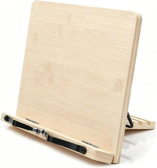 Wooden Book Stand 8 Adjustable Angles, Foldable Reading Holder with Page Clips, Hands-Free Cookbook Stand for Textbook Tablet Laptop Desktop, Ergonomic Portable Book Stand for Kitchen Office Study