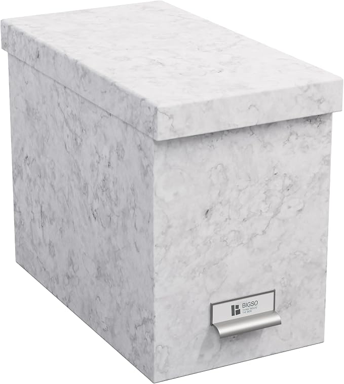 Bigso John Fiberboard Label Frame Desktop File Storage Box - Document Organizer for Important Paperwork - Durable Hanging File Box with Lid & Metal Label Window - 7.36 x 13.38 x 10.51 in - Marble