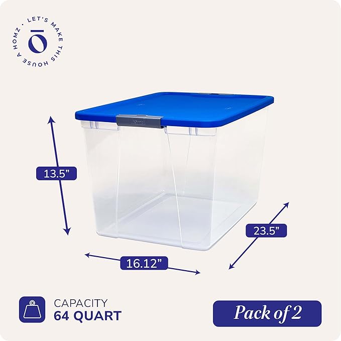 HOMZ 2-Pack Secure Latch, Clear Plastic Storage Organizer Bins, 64 Quart, Blue Lid - Stackable Container Boxes for Bedroom, Bathroom, Garage, and Office Organization