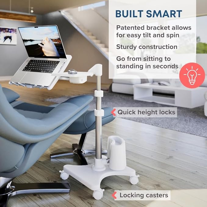 LEVO G2 Deluxe Adjustable Laptop Stand ??Rolling Computer Desk & Ergonomic Table for Bed, Sofa, or Office ??Portable Mobile Workstation with Tilt ??Fits Devices up to 16??- Silver & White