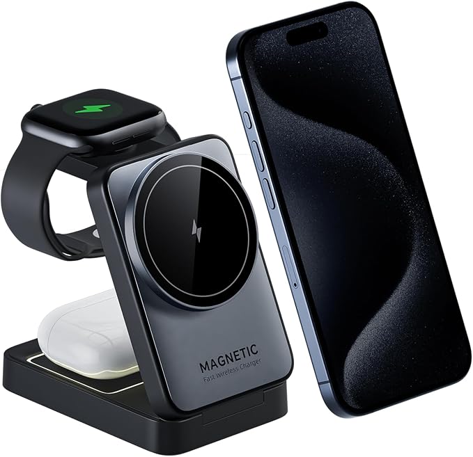 2026 Upgraded 3-in-1 Wireless Charger for iPhone,Travel Magnetic Charger Stand Nightlight Foldable Wireless Charging Station Compatible with Magsafe Charger&iPhone 17/16/15/14/13,Apple Watch&AirPods