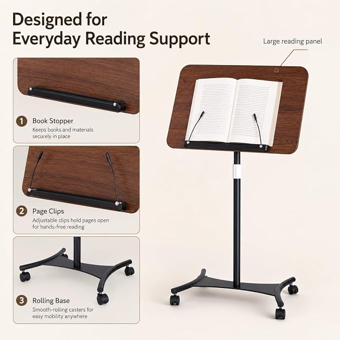 Rolling Book Stand with Wheels, Adjustable Sheet Music & Reading Stand | 16.5 x 11.8 in panel | 19-57 in adjustable height | 360° angle | Lockable wheels | For books, music, tablets