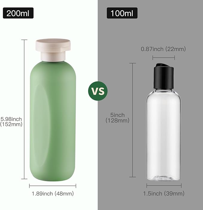 Empty Shampoo Bottles 6.7oz - Large Size Refillable Plastic Liquids Toiletry Containers - Empty Leak Proof Lotion Toiletries Dispenser - Green Flip Cap Top Body Wash and Cosmetic Set 4 Pack