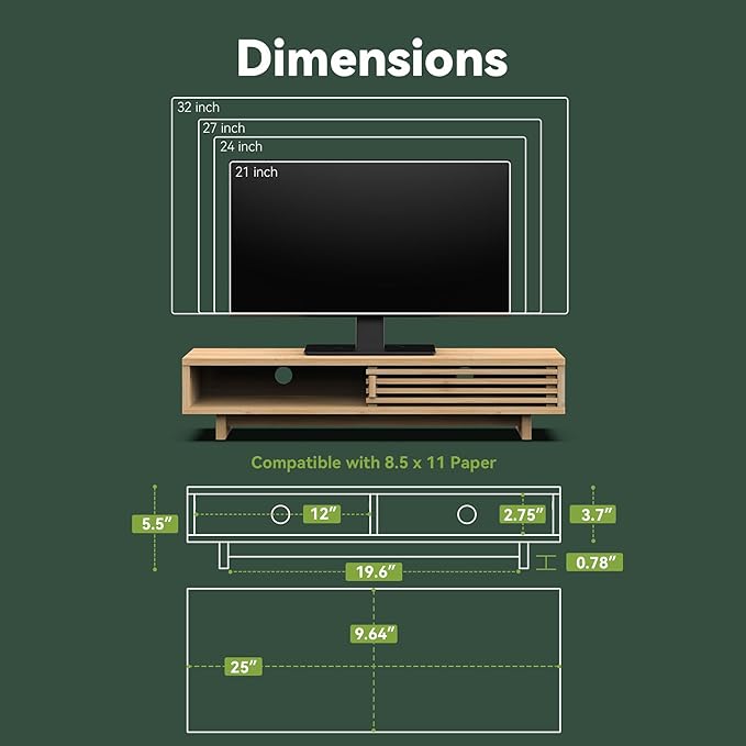 Monitor Stand Riser with Sliding Door, Computer Laptop Stand Desk Shelf Organizer with Storage (Natural Bamboo, 25 Inch)