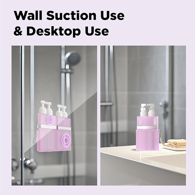 4 in 1 Travel Dispenser Bottle, TSA Approved Refillable Shampoo and Conditioner Bottles Set with Suction Cup for Smooth Walls, Travel Size Toiletries Container for Body Wash/Lotion.(Pink)