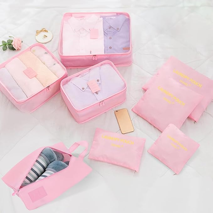 8 Set Packing Cubes for Travel Luggage Packing Bags Reusable Waterproof Suitcase Organizer Cubes Set with Shoe Bag and Toiletry Bag (Pink)