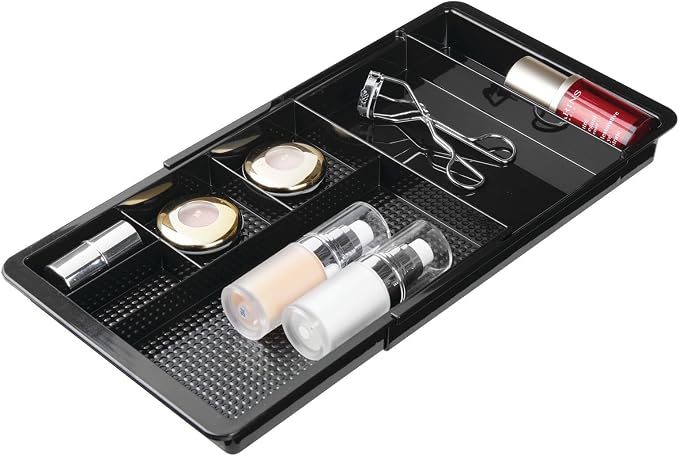 mDesign Expandable Plastic Drawer Organizer and Storage Container for Office Supplies - Gel Pen Pencil, Marker, Stationary, Desk Supply Holder for Drawers and Desktop - Lumiere Collection - Black