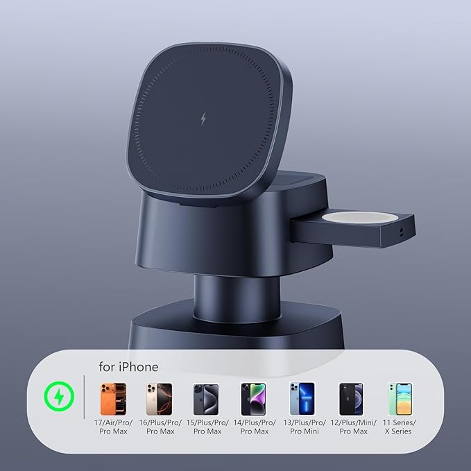 【2026 Upgraded】4 in 1 Wireless Charger, 3 in 1 Wireless Charging Station with Night Light for MagSafe Charger, 15W Magnetic Travel Stand for iPhone17/Air/Pro/Max/16/15/14, Apple Watch, Airpods (Gray)