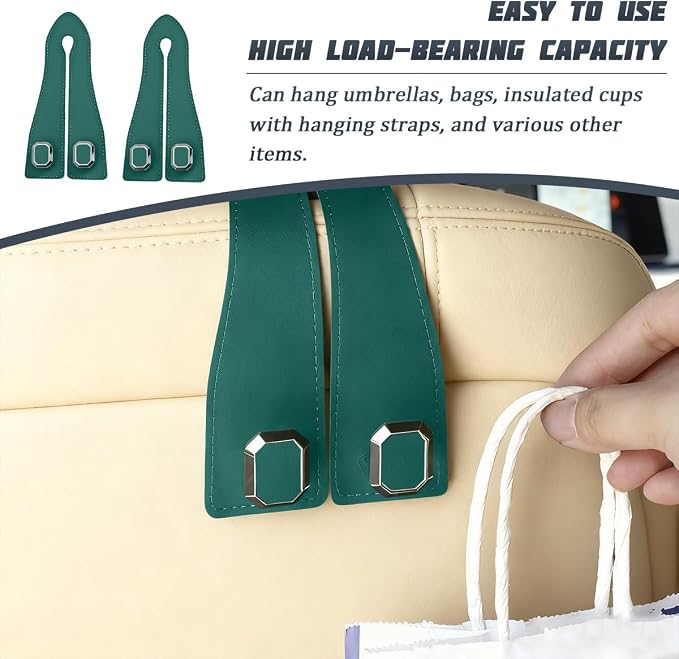 2PCS Car Headrest Hooks, Nappa Leather Metal Vehicle Double Seat Back Storage Hook for Purse Bag Coat, Multifunctional Automotive Interior Hanging Hanger, Universal Fit (Green)
