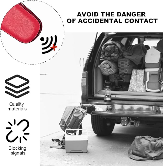 Wevdn Car Key Case, Genuine Leather Auto Smart Key Fob Holder with Metal Hook, Anti Scratch Automotive Key Protector Key Chain Zipper Bag for Remote Key Fob, Car Accessories (Red)