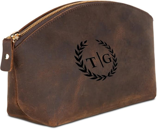 Blade Premium Personalized Genuine Leather Cosmetic Makeup Bag - Wedding Gift for Bridesmaid, Travel Organizer Clutch for Women with Zipper Pouch for Toiletry Essentials (Dark Tobacco)