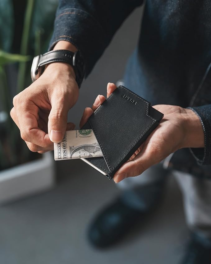 VULKIT Pop up Card Wallet Top-Grain Genuine Leather RFID Blocking Slim Aluminum Metal Bank Card Holder Case with Business Money Pocket for Credit Cards Notes and Coins Black