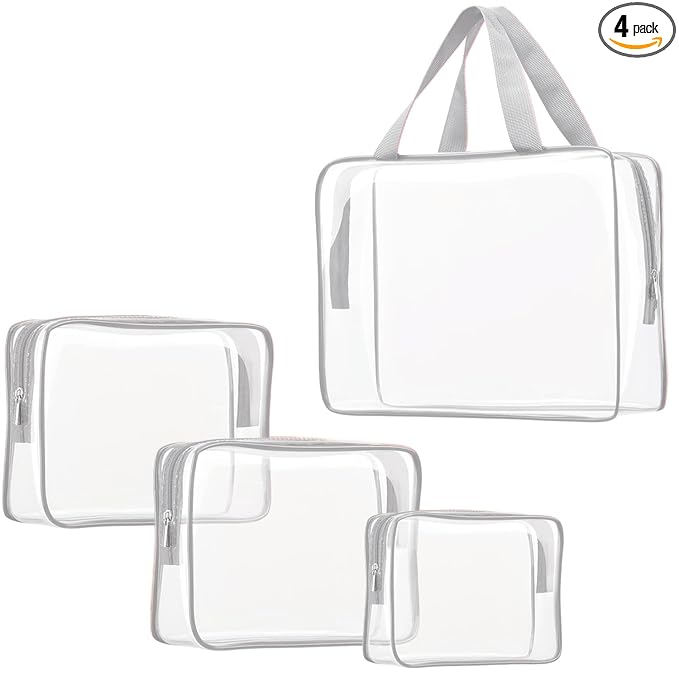 4Pcs Crystal Clear PVC Travel Toiletry Bag Kit for Women Men, Waterproof Vinyl Packing Organizer Storage Bags with Zipper Handle Straps, Cosmetic Pouch Carry on Airport Airline Compliant Bag Handbag
