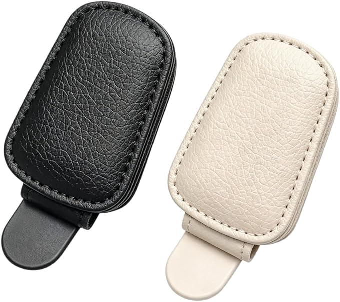 Car Sun Visor Sunglasses Holder – Leather Eyeglasses Clip with Ticket & Card Clip for Car Organizer