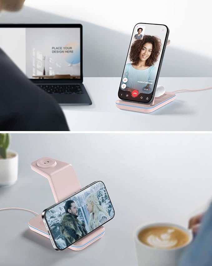 GEEKERA Wireless Charger, 3 in 1 Wireless Charging Station for iPhone Air/17/16/15/14/13/12/11/Pro Max/X/8, Phone and Watch Charger Stand for Apple Watch Ultra 3-2/11-2/SE, AirPods Pro/4/3/2, Pink