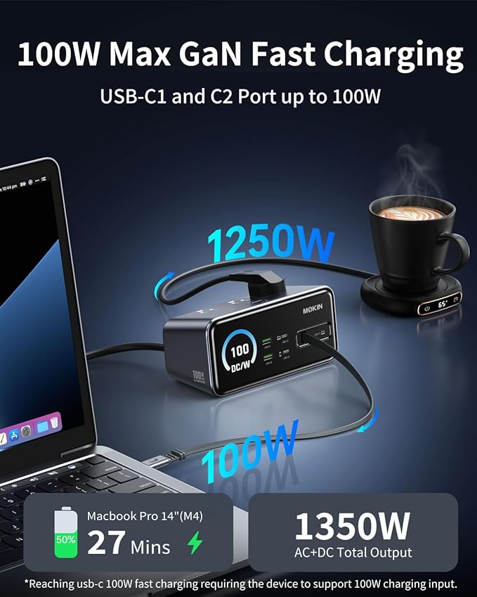 MOKiN 8-in-1 Charging Station 100W GaN, Desktop Charging Station with 3 USB-C, 2 USB-A, 3 AC, 3ft Retractable Cable Charger Station for iPhone 17/16,MacBook Pro, Laptop etc.