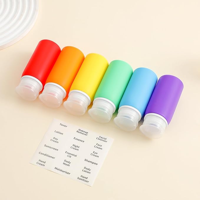 6 Pack Travel Bottles for Toiletries - TSA Approved 3oz Leakproof Travel Size Containers, BPA Free Silicone Refillable Squeezable Bottles, Travel Essentials for Shampoo and Conditioner (Multicolor)