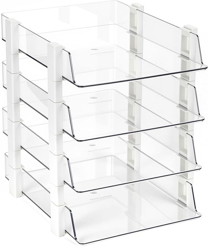 SiliFine 4 Tier Clear Stackable Desk Organizer 12.68 x 10.47 x 12.91 Inch Plastic Letter File Trays Rectangular Paper Storage Holder for Office Desktop Document Classroom Hospital (White)
