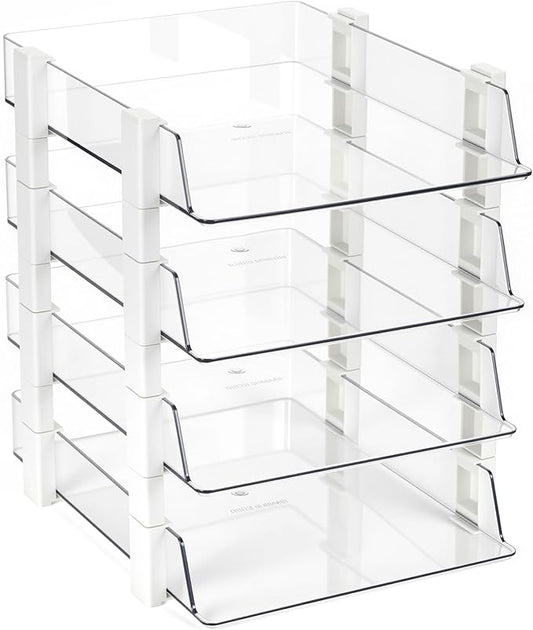 SiliFine 4 Tier Clear Stackable Desk Organizer 12.68 x 10.47 x 12.91 Inch Plastic Letter File Trays Rectangular Paper Storage Holder for Office Desktop Document Classroom Hospital (White)