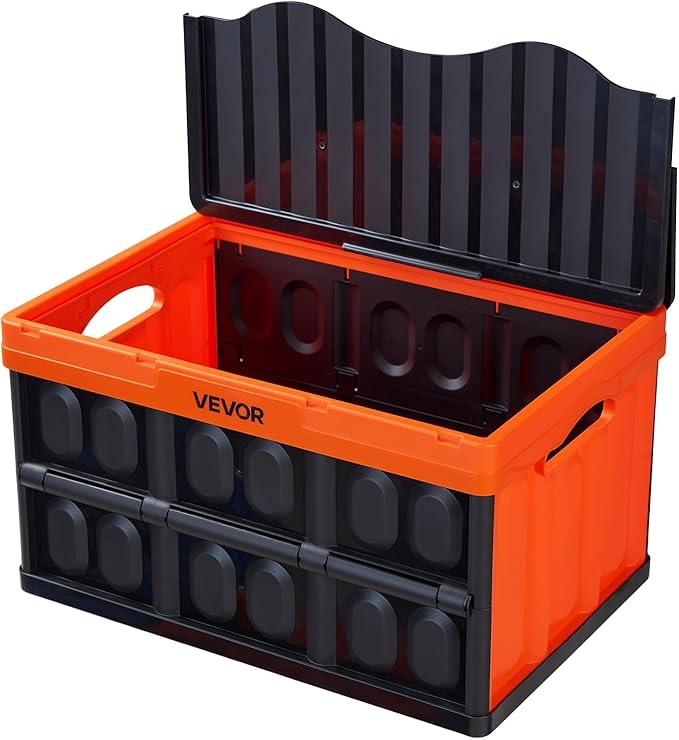 VEVOR Plastic Collapsible Storage Bins with Lids, 45L 3Packs, Stackable Folding Storage Crates with Handles, Holds 44 lbs Per Bin, Heavy Duty Containers, Space-Saving Baskets, for Home Organizing
