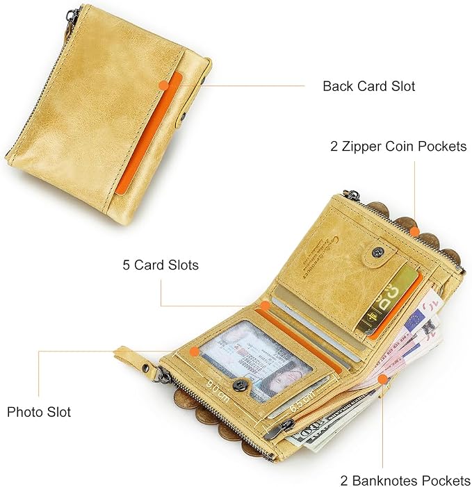 CONTACTS Soft Leather Wallet for Women Small Bifold Coin Purse Double Zipper Card Holder with RFID Blocking (Yellow)