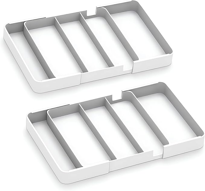 2 Pack Shallow Drawer Organizer (1.57" H), Modular Expandable Desk Dividers (Width 10.6"-17.9" OR Length 16.1"), Detachable Trays for Office Stationery, Makeup, Kitchen, White