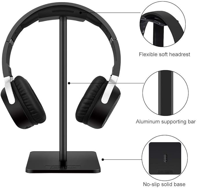 Headphone Stand Headset Holder- Gaming Headset Holder with Aluminum Supporting Bar Flexible Headrest Anti-Slip Earphone Stand for All Headphones, Black