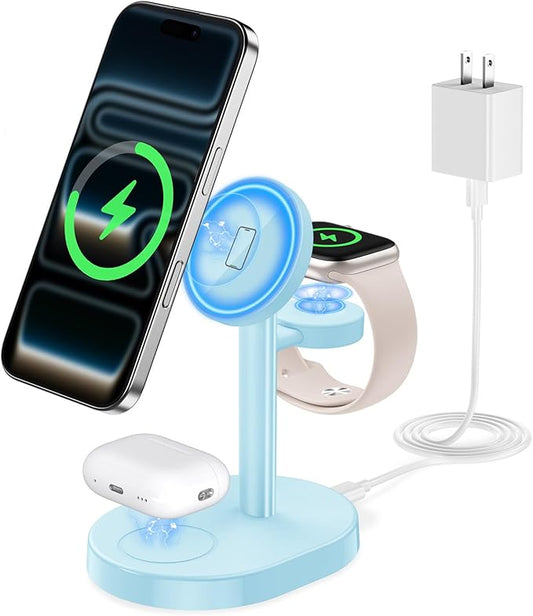 Hevanto 2026 3 in 1 Wireless Charging Station for Apple MagSafe Charger, 15W Fast Magnetic Mag-Safe Charger Stand for iPhone 17 16 15 14 13 12 Apple Watch AirPods Series, Gifts for Men (Ice Blue)